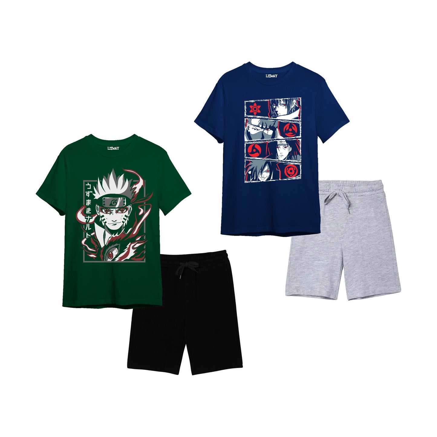 Boys Anime Graphic T-Shirt & Shorts Set – Naruto & Sasuke Prints, Ages 9–16 Years