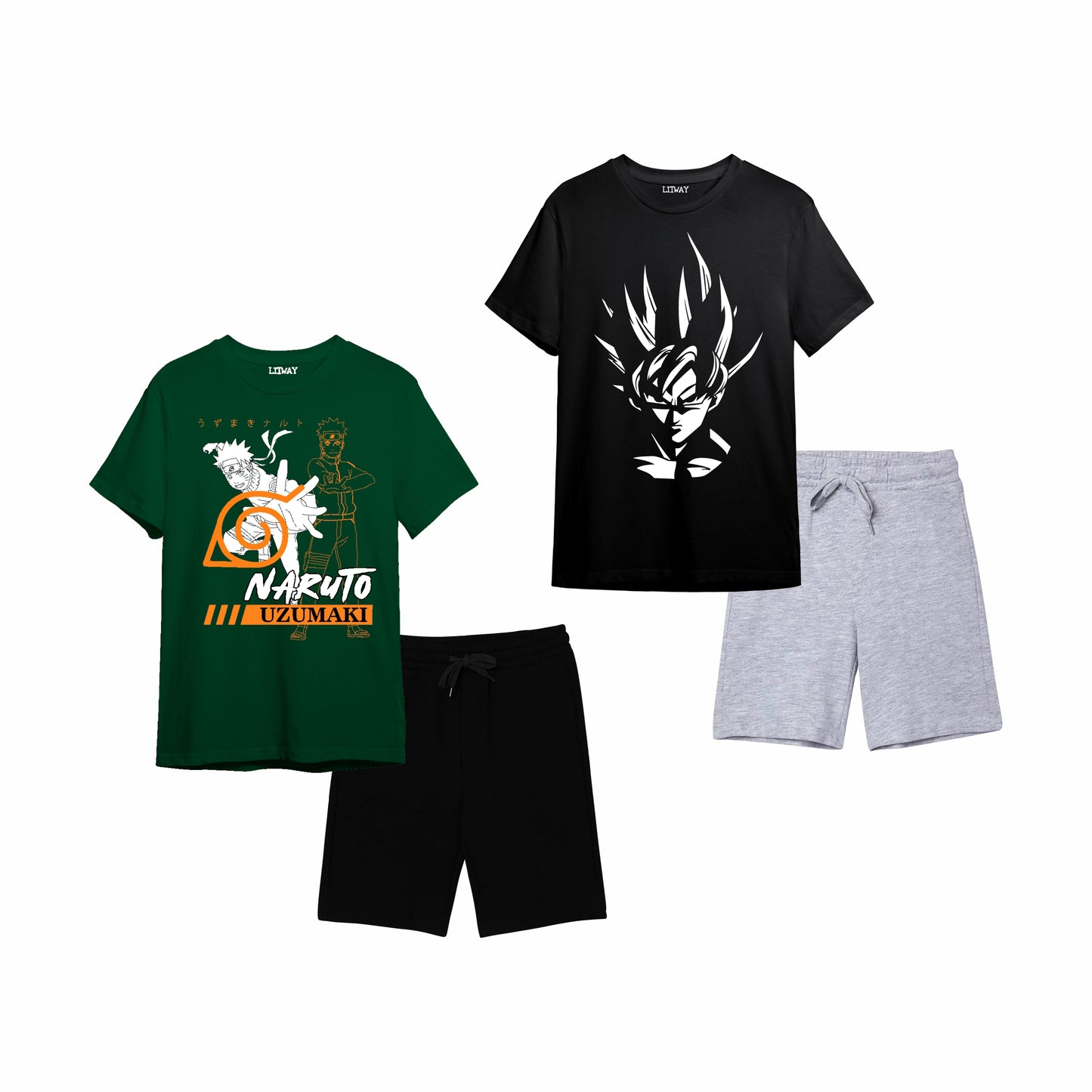 Boys Anime Graphic T-Shirt & Shorts Set – Naruto Uzumaki & Super Saiyan Prints, Ages 9–16 Years