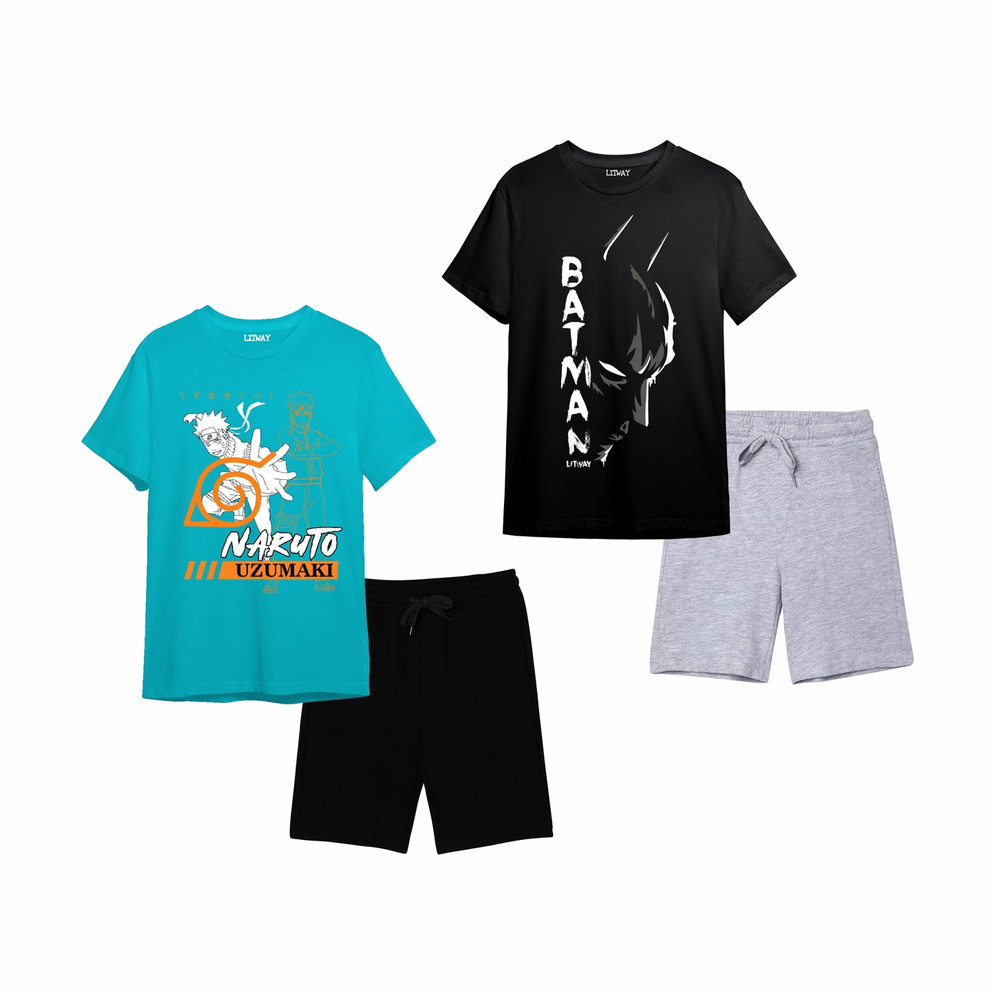 Boys Anime & Superhero Graphic T-Shirt & Shorts Set – Naruto Uzumaki & Batman Prints, Ages 9–16 Years