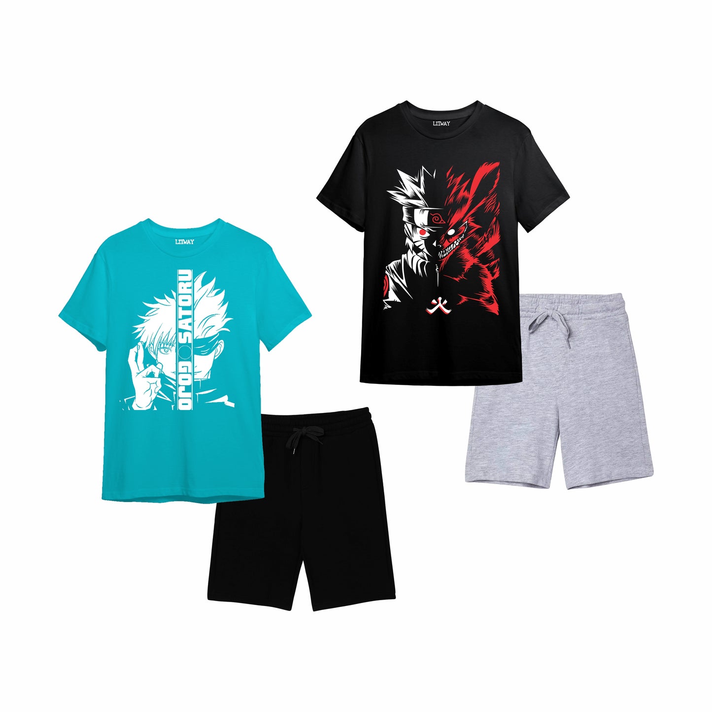 Boys Anime Graphic T-Shirt & Shorts Set – Gojo Satoru & Kakashi Hatake Prints, Ages 9–16 Years