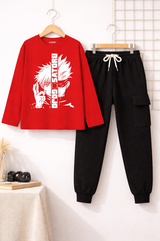 Boys Red & Black Regular Fit Cotton T-Shirt and Track Pant Combo